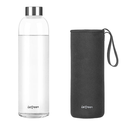 LETREEN Glass Water Bottle 32 oz, Borosilicate Glass Water Bottle with Neoprene Sleeve, BPA-Free Leak Proof Reusable for Hot Cold Drinks, Work, Gym, Home, Sport, Dark Gray
