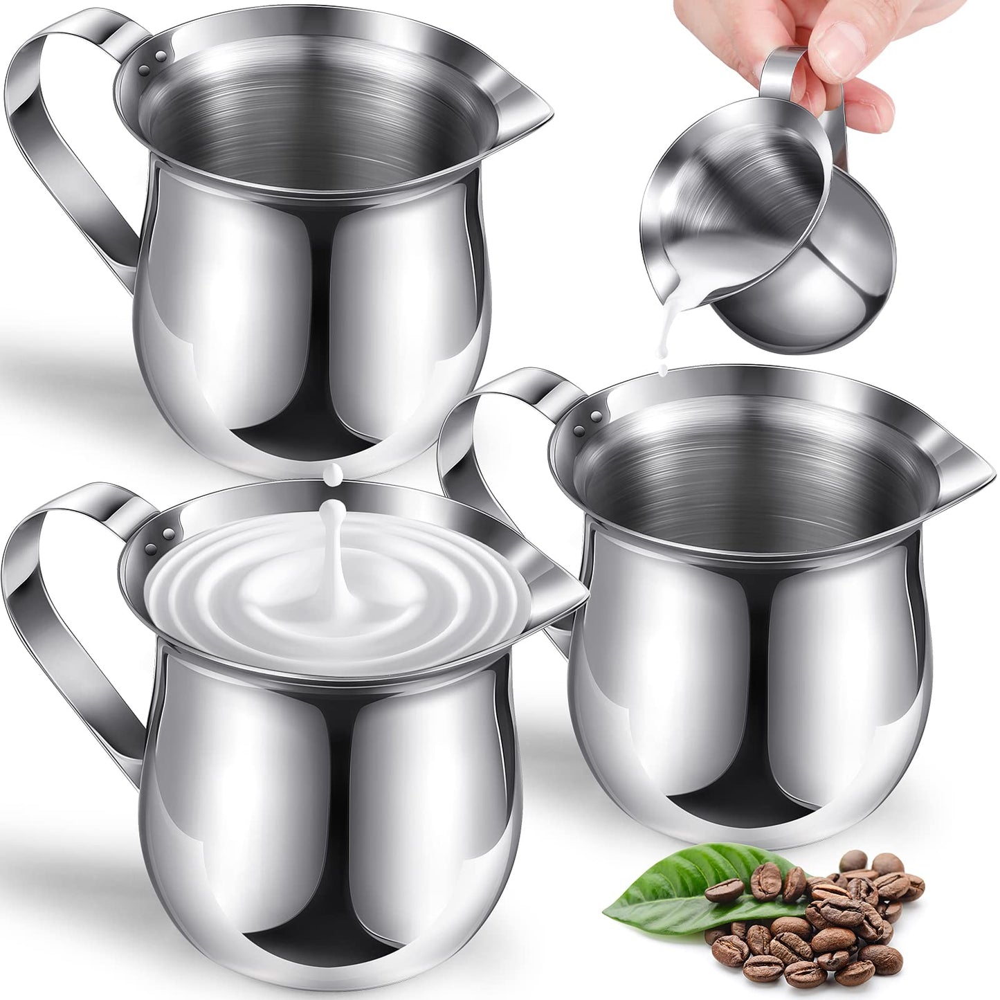 Potchen 24 Pack Stainless Steel Bell Creamers 3 Ounce Creamer Pitcher Mini Coffee Milk Pitchers with Handle and Pouring Spout Cups for Serving Espresso, Tea, Milk, Maple Syrup, Sauce