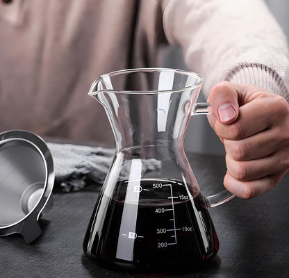 Pour Over Coffee Maker with Reusable Stainless Steel Drip Filter, Borosilicate Glass Carafe for 1-4 Cups