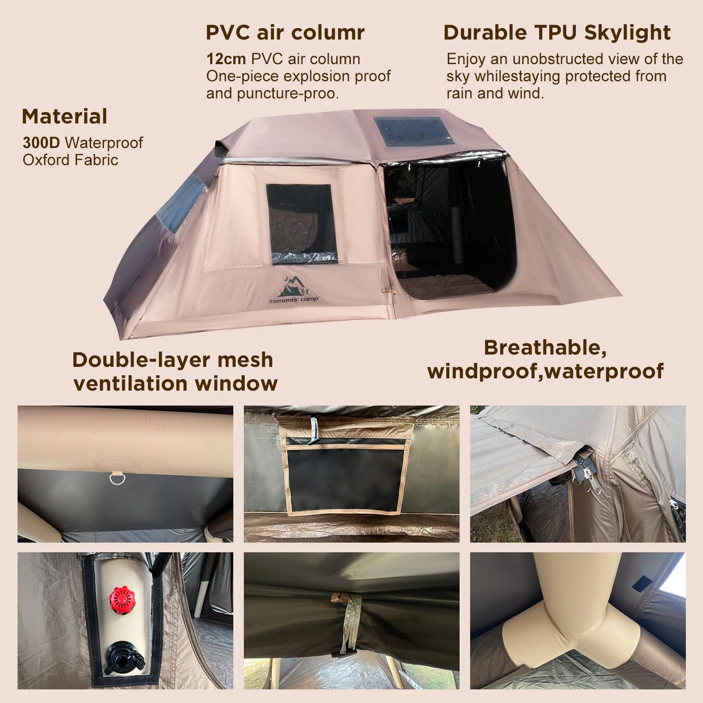 Romantic Camp Inflatable Camping Tent with Pump,8-10 Person Waterproof Blow Up Air Tent for Camping Hiking,Easy to Set Up 4-Season Inflatable House Tent with Oversized Canopy