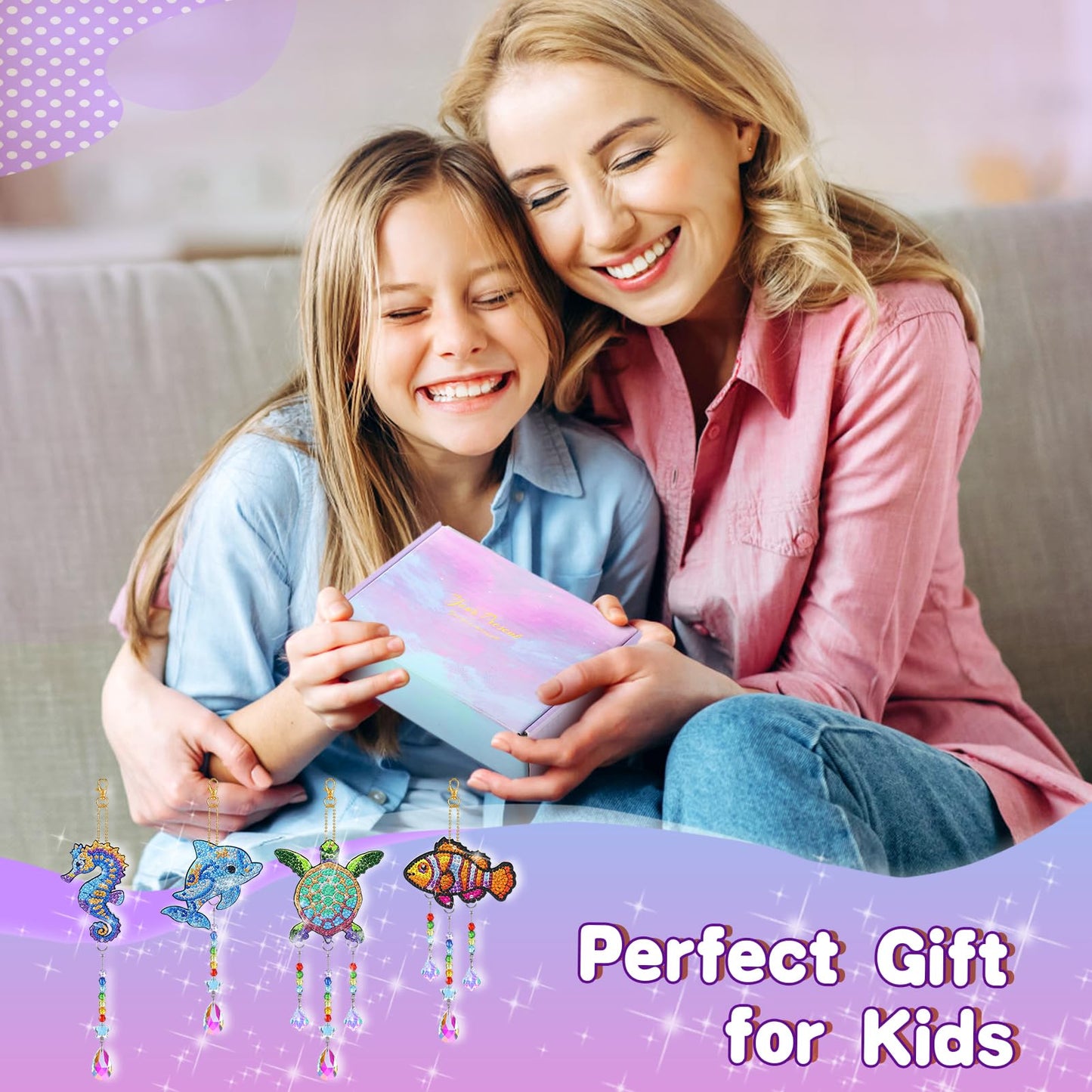 Diamond Art Kits for Kids - Crafts Gifts for Girls 8-12, 4 Pcs Double Sided Sea Animal Style Wind Chime, Hanging Crystal Rhinestone Painting Ornament