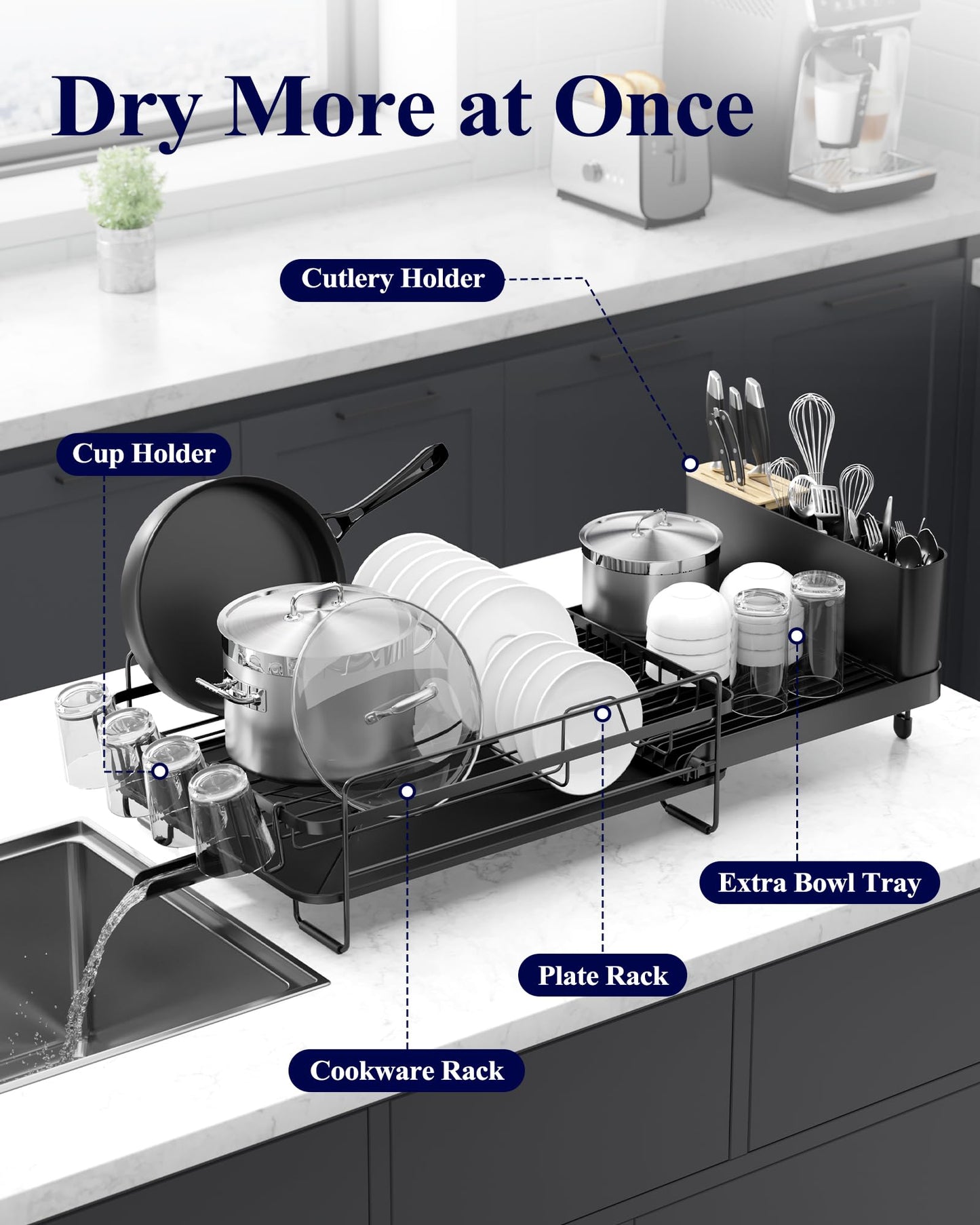 Kitsure Large Dish Drying Rack - Extendable Dish Rack, Multifunctional Dish Rack for Kitchen Counter, Anti-Rust Dish Drainers with Cutlery & Cup Holders 19.2"-26.7" L x 12.9" W, Black