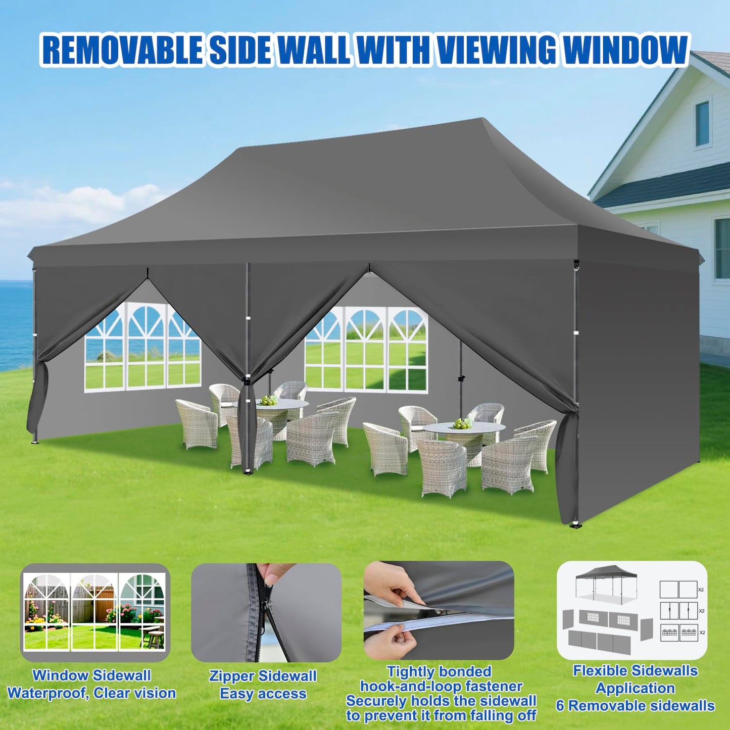 Yesker 10x20 Pop Up Canopy Tent with Sidewalls Instant Outdoor Canopy, Waterproof & UV Protection, Easy Setup Adjustable Height Heavy Duty Shelter Gazebo Tent for Patio Backyard Party Events, Gray