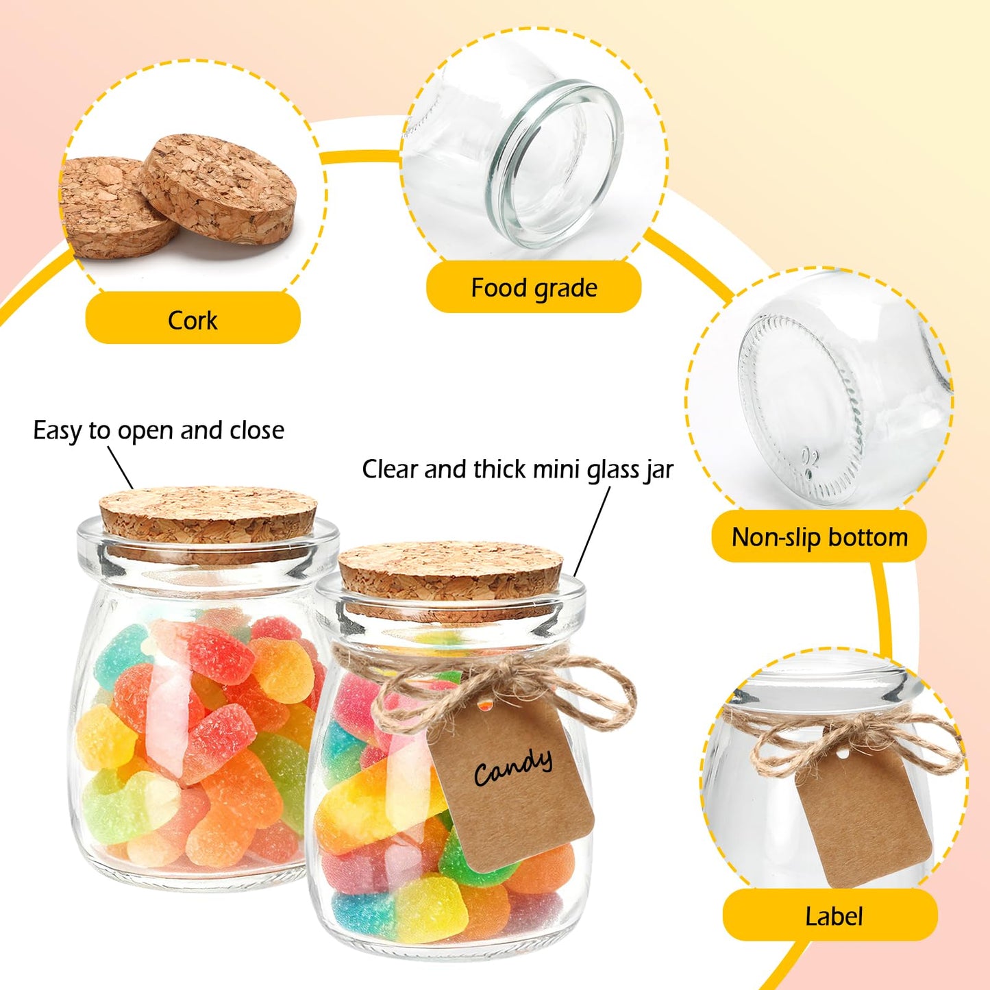 Brajttt 3.4 oz Small Glass Jar with Cork Lids,48 pcs Mini Glass Bottles,Spell Jars with Twine and Labels,Pudding Yogurt Jar for DIY Crafts,Wedding,Gifts,Party Favors,Baby Shower