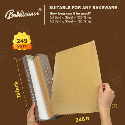 Unbleached Parchment Paper Roll for Baking, 2 Pack of 13 In X 242 Ft, Non-stick Baking Paper, Food Grade Cooking Papers For Bread, Cookies, Heat Press, Pans, Oven, Air Fry