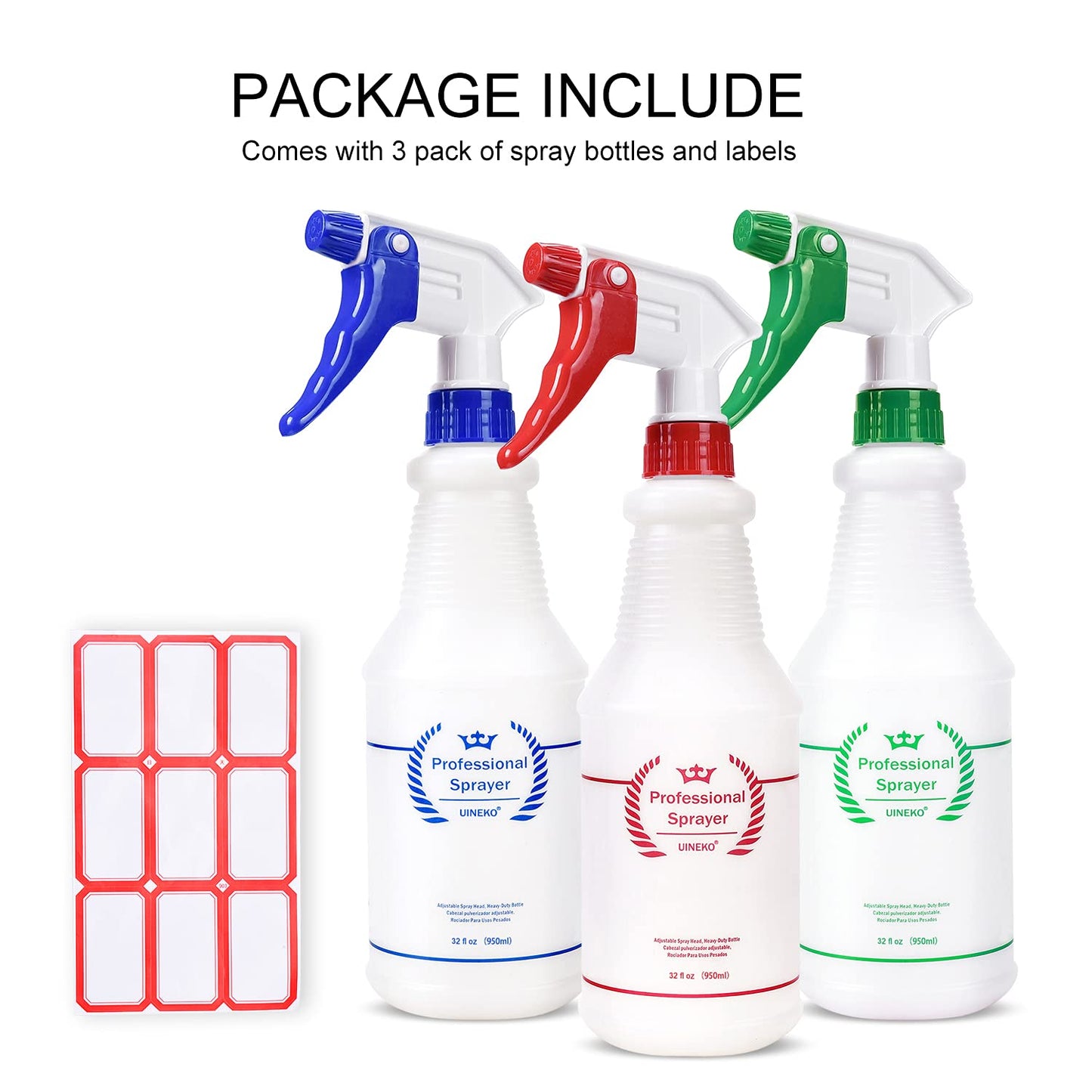 Uineko Plastic Spray Bottle (3 Pack, 32 Oz, 3 Colors) Heavy Duty All-Purpose Empty Spraying Bottles Leak Proof Commercial Mist Water Bottle for Cleaning Solutions Plants Pet with Adjustable Nozzle