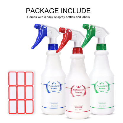 Uineko Plastic Spray Bottle (3 Pack, 32 Oz, 3 Colors) Heavy Duty All-Purpose Empty Spraying Bottles Leak Proof Commercial Mist Water Bottle for Cleaning Solutions Plants Pet with Adjustable Nozzle