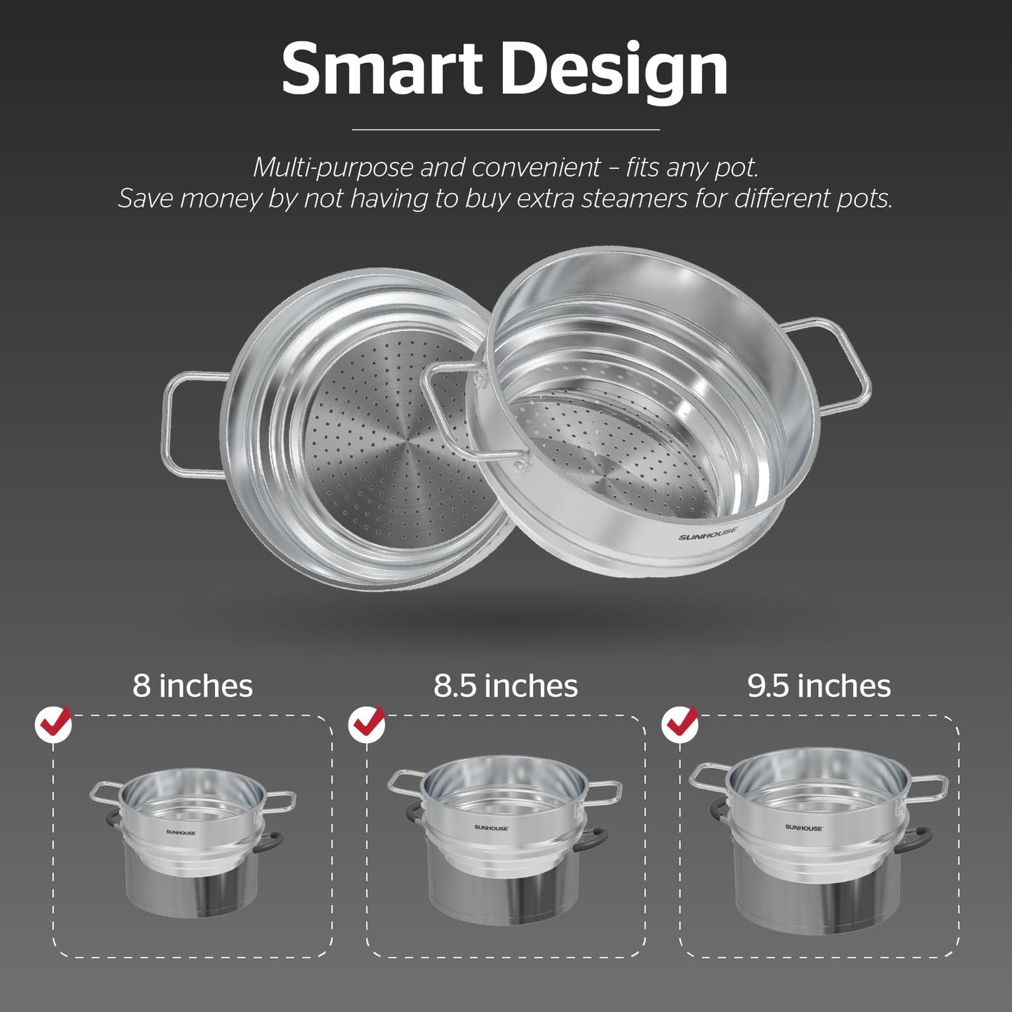 SUNHOUSE 5 Quart Stainless Steel Steamer Insert – Multi-Purpose Soup & Food Steamer with Stay-Cool Handles & Heavy-Duty Glass Lid – Fits Various Pot Sizes (8", 8.5", 9.5")