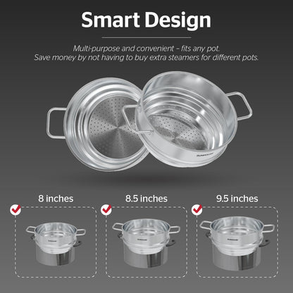 SUNHOUSE 5 Quart Stainless Steel Steamer Insert – Multi-Purpose Soup & Food Steamer with Stay-Cool Handles & Heavy-Duty Glass Lid – Fits Various Pot Sizes (8", 8.5", 9.5")
