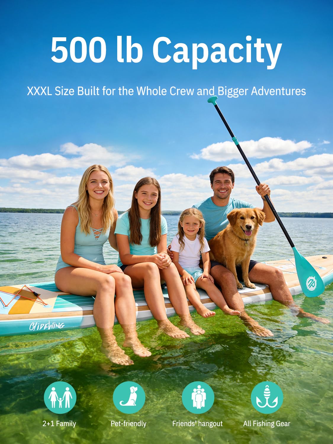 Niphean (Extra Large) Inflatable Paddle Board, SUP for 2+1 People/Family 500lbs Capacity Stand Up Paddle Board with SUP Accessories, StabilTrac Fin Non-Slip Paddleboard for Adults-Classic Wood