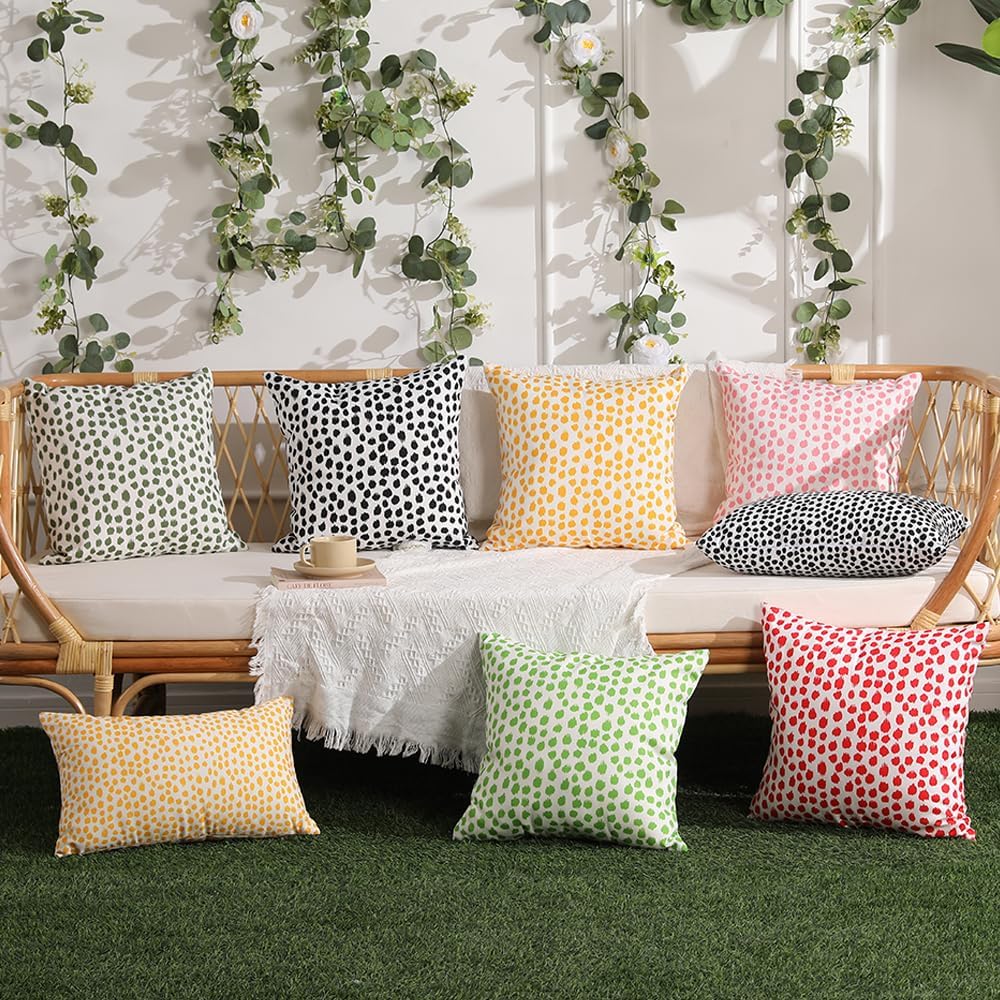 Outdoor Pillow Covers 18x18 Set of 2, Black Polka Dot Waterproof Decorative Cases for Summer Outdoor Sofa Bed Cushion