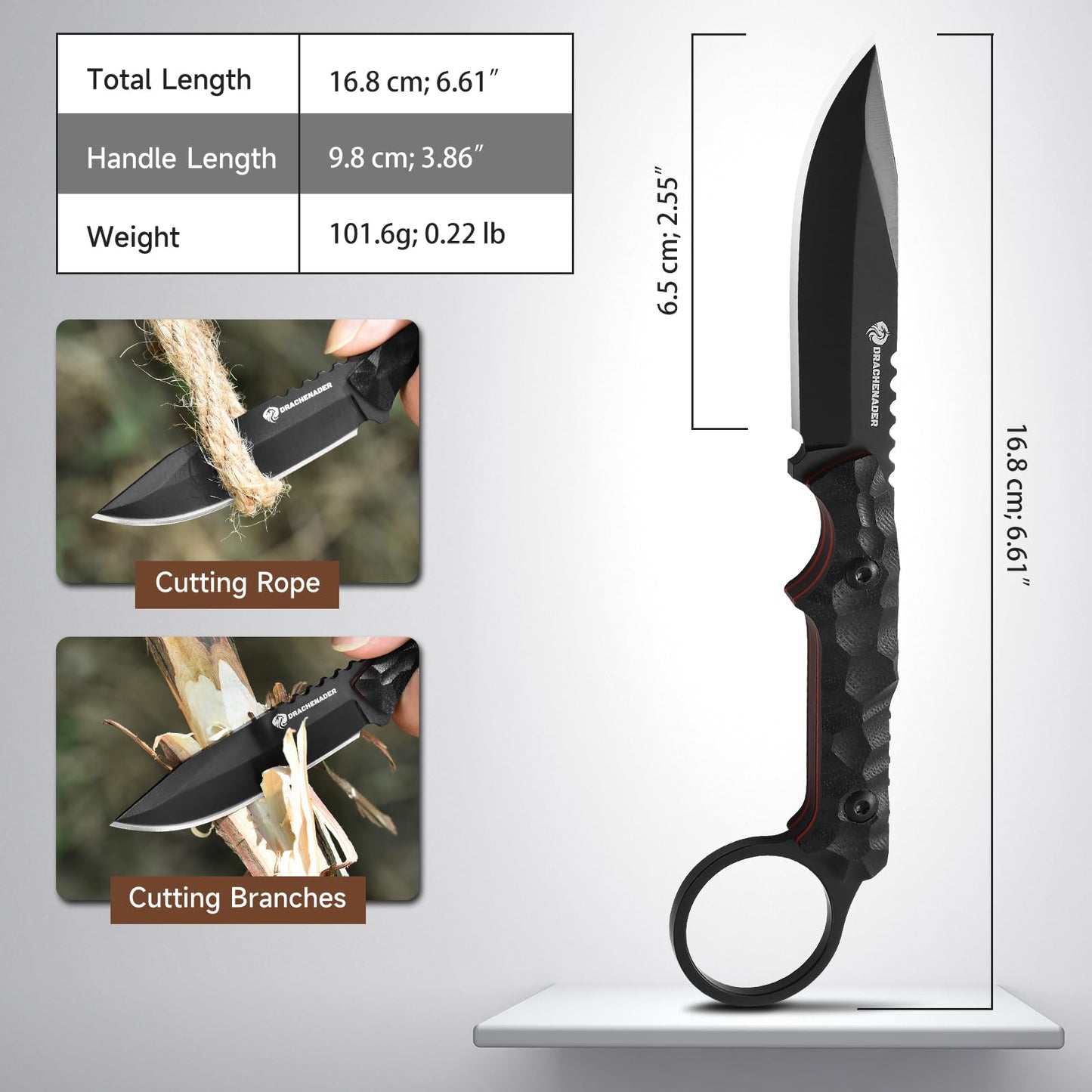 DRACHENADER EDC Fixed Blade Knife with Sheath 7.08" Small Horizontal Carry Knifes with Kydex Sheath, Full Tang 5Cr13MoV Stainless Steel, Black, Neck Knife, Men Gifts