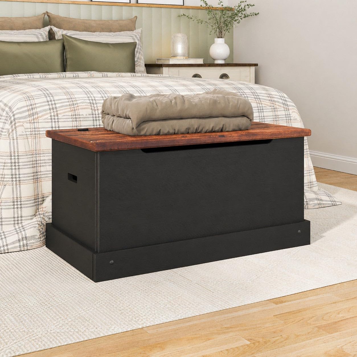 OSHOME 35.5" Solid Pine Storage Chest with Lift -Top Hinged Lid, Storage for Bedroom, Entryway and Living Room in Harvest Black Finish