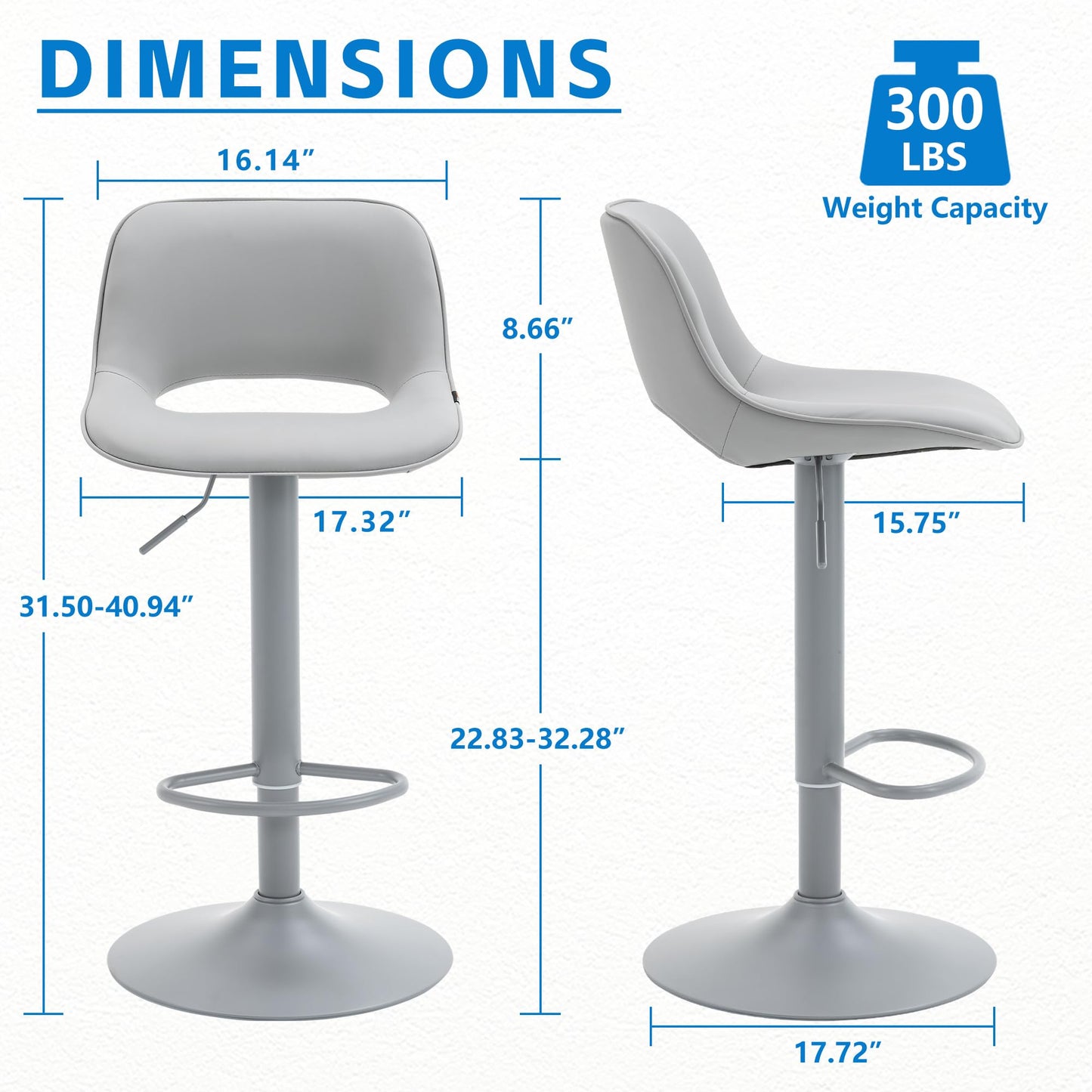 YOUNIKE Bar Stools Set of 2 All Grey Swivel Barstools, Compact Adjustable Counter Height Bar Stools Faux Leather Upholstered Counter Stools with Hollow Back for Kitchen Island