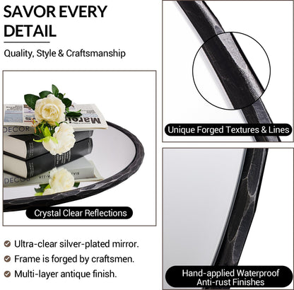 ANDY STAR Hand-Forged Round Mirror for Wall, 36 Inch Black Solid Steel Metal Frame Circle Mirror, Antique Hammered Rounded Bathroom Mirror for Living Room, Bedroom, Entryway, Vanity
