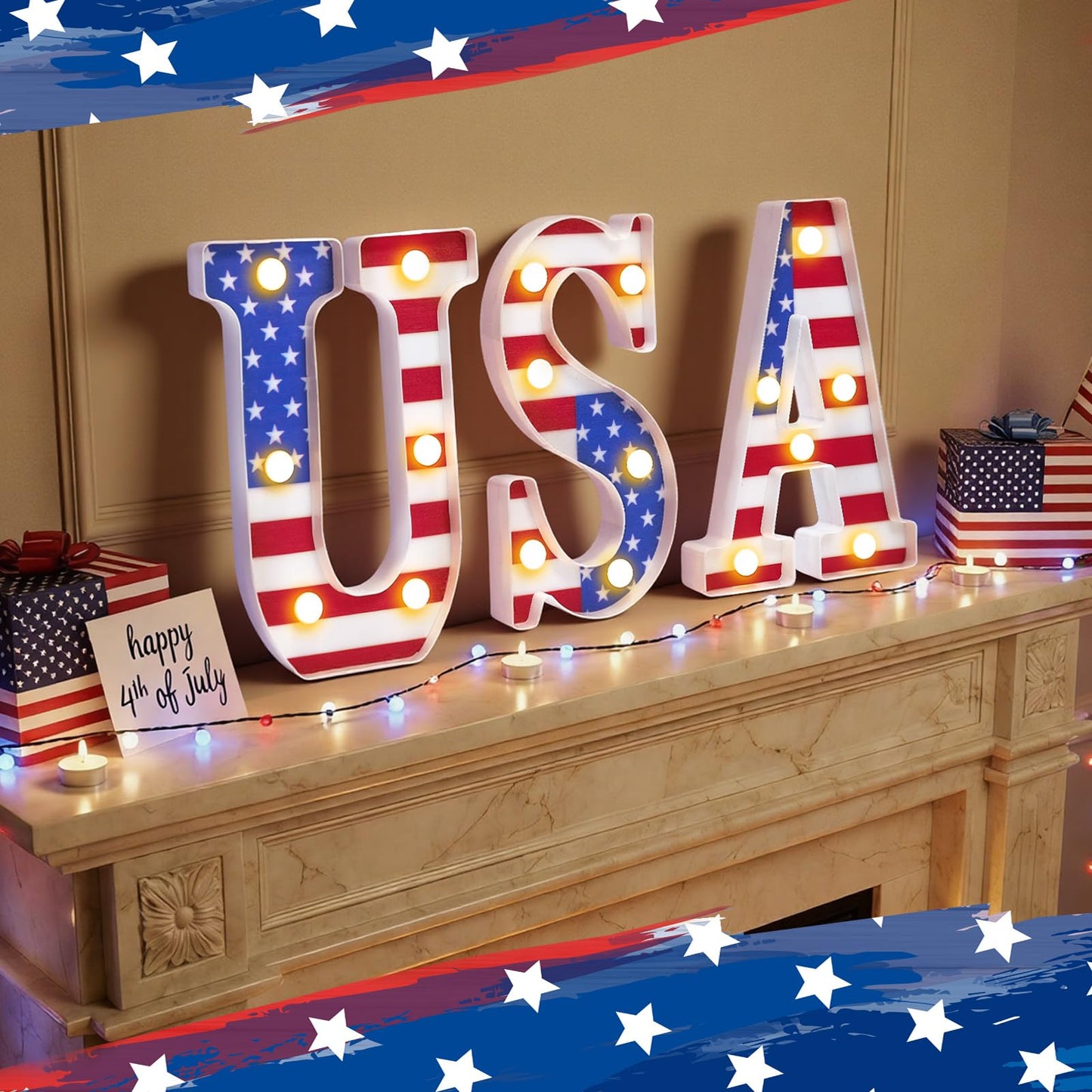 InnovaTools 3 Pcs Light Up Letters, 4th of July Patriotic USA LED Marquee Letter Lights, American Flag Red White Blue Decor for 250th Anniversary Independence Day Table Centerpiece Home Decorations