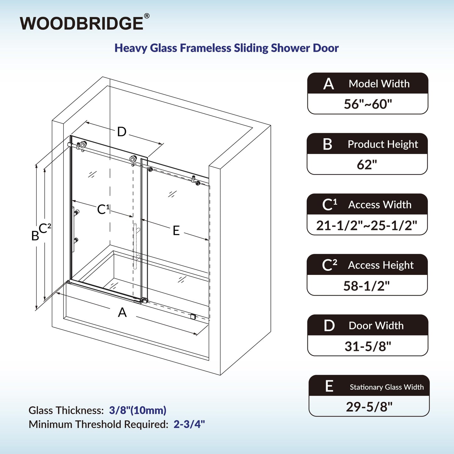 Woodbridge Frameless Bathtub Shower Doors 56-60" Width x 62" Height with 3/8"(10mm) Clear Tempered Glass in Chorme Finish