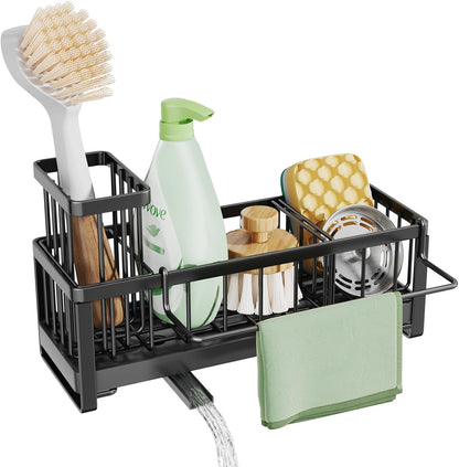 SWTYMIKI Kitchen Sink Sponge Holder - Self-draining Caddy with Brush Holder, Stainless Steel Countertop Organizer