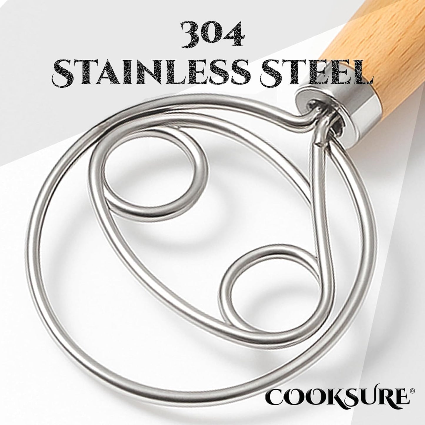 13 Inch 304 Danish Dough Whisk for Sourdough Bread Bread Whisk with Wooden Handle Stainless Steel Hook for Heavy Dough
