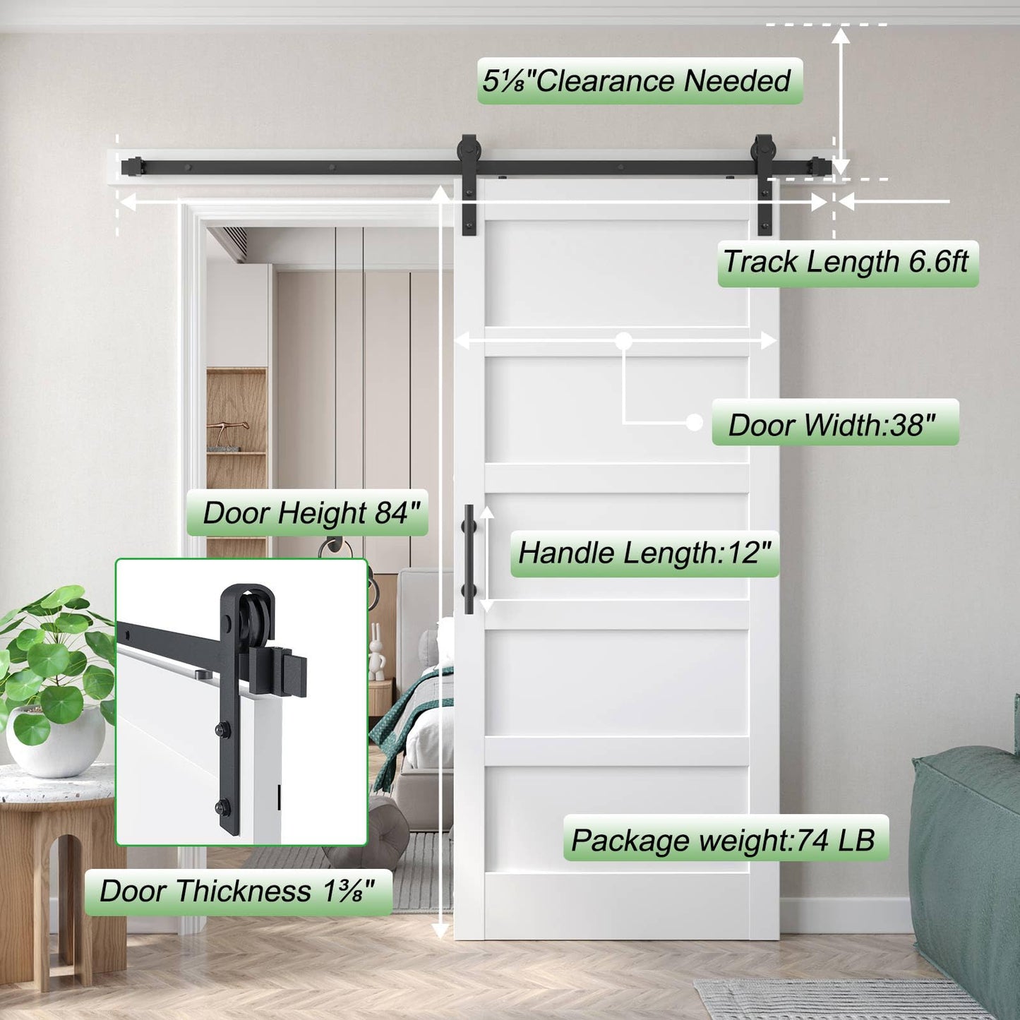 Fredbeck 38x84 inch White Barn Door with 6.6 FT Sliding Door Hardware Kit Included & Handle,MDF,Solid PVC Surface,DIY Assembly,5-Panel,Fit 35in-37in Opening
