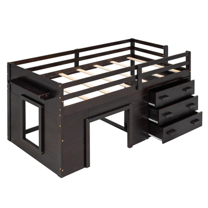 Merax Twin Size Loft Bed, Wood Bedframe for Kids Teens Adults Bedroom with Cabinet, Shelf, Stairs, Espresso