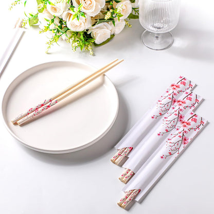 Suttmin 50 Pairs Cherry Blossom Chopsticks Bulk with Sleeved Blue Flower Disposable Bamboo Eucalyptus Chopsticks Wedding Favors Chinese Japanese Food Supply for Takeout Picnic(Cherry)