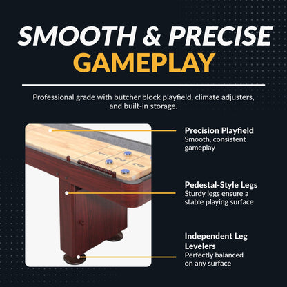 Challenger Shuffleboard Table with Dark Cherry Finish, Hardwood Playfield, Storage Cabinets, Climate Adjusters, Leg Levelers, 8 Pucks, Brush and Wax