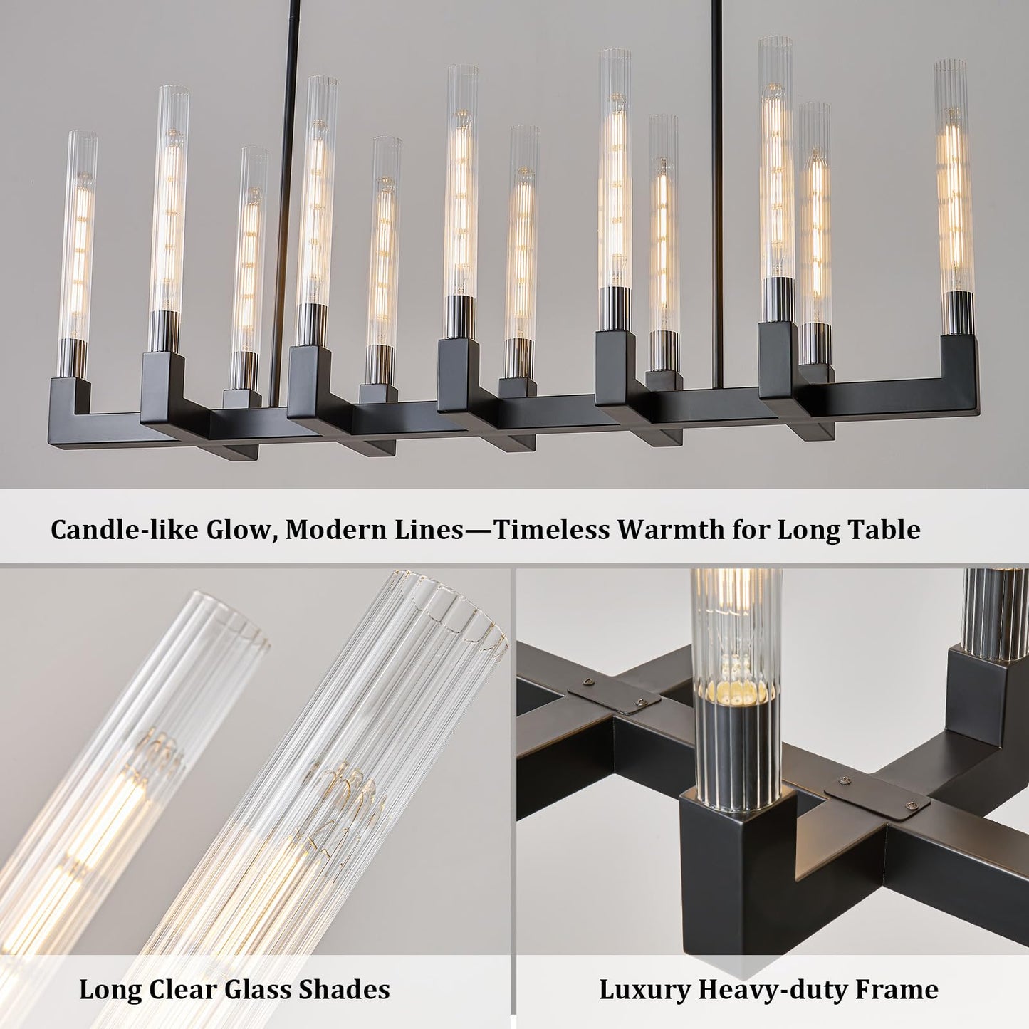 Black Farmhouse Dining Room Chandelier: 54" Modern Linear Rectangle Dining Room Light Fixture - Long Glass Metal Pendant Chandeliers for Kitchen Island - Large Lighting over Kitchen Table Living Rooms