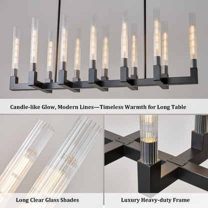 Black Farmhouse Dining Room Chandelier: 54" Modern Linear Rectangle Dining Room Light Fixture - Long Glass Metal Pendant Chandeliers for Kitchen Island - Large Lighting over Kitchen Table Living Rooms