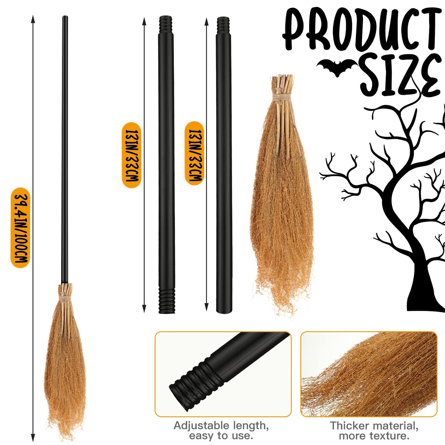 Jetec Halloween Witch Broom Hat Set Black Hat with 39.4 Inch Broom Realistic Wizard Witch for Halloween Party Cosplay Props Costume Accessories