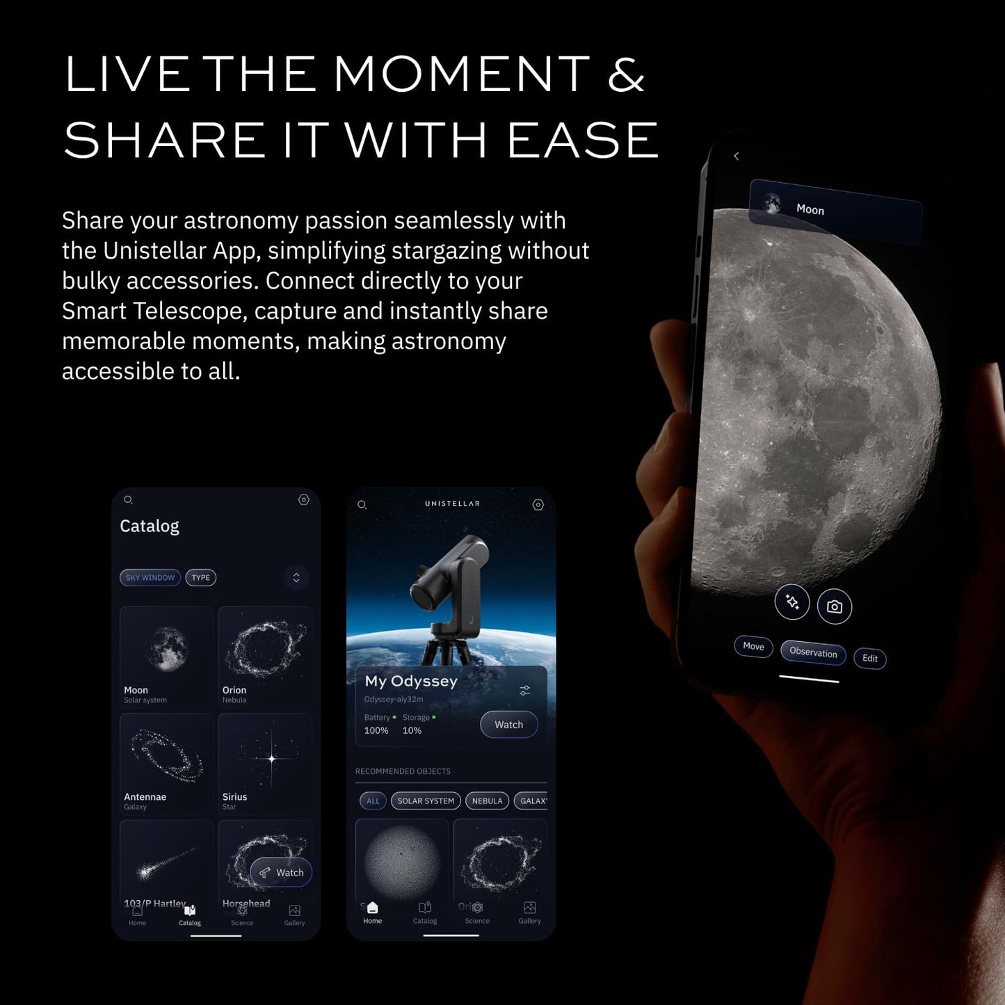 Odyssey PRO - UNISTELLAR Smart Telescope (with Eyepiece), 85mm f/3.9 (320mm) Digital & Computerized, App-Controlled Motorized Alt-Az, Enhanced Vision, RAW/FITS Export, 64GB, 5h Battery (Black)