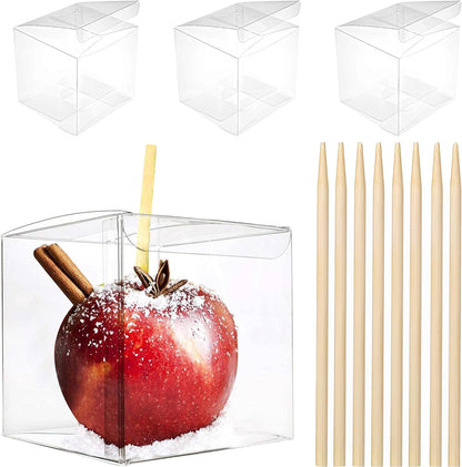 20 Pack 4''x 4'' 4'' Set Packaging x Clear Candy Apple Boxes with Hole and Sticks Food Grade Plastic Clear Caramel