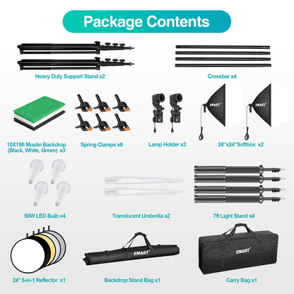 EMART 10 x 10 ft Heavy Duty Backdrop Support System, Professional Photography Lighting Kit with 5500K 50W LED, 10 * 15ft Backdrop *3, Reflector, Umbrellas&Softbox Lighting Kit for Studio, Portrait