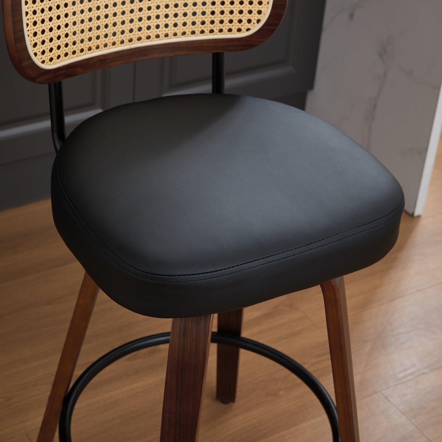 KEIKI Set of 3 Counter Height Bar Stools - 26 inch Rattan Counter Height Stools with Cane Back, Upholstered Seat, Walnut Craftsmanship, Swivel Counter Stools for Kitchen/Counter/Bar, Walnut, Black