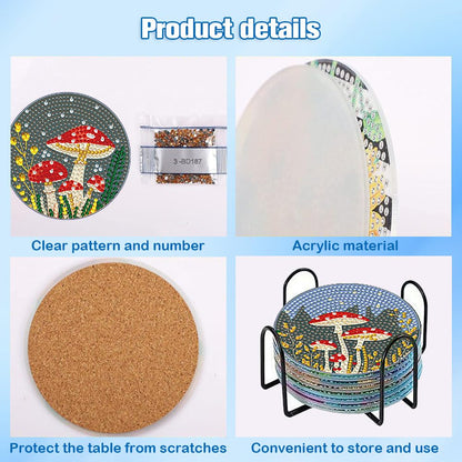 PERFECTSIGHT 8 Pcs DIY Diamond Art Painting Coasters with Holder, Cute Diamond Paint Coaster Kits for Adults, Kawaii Full Drill Diamond Art Craft Paint by Number Non Slip Coaster - Beige Mushroom