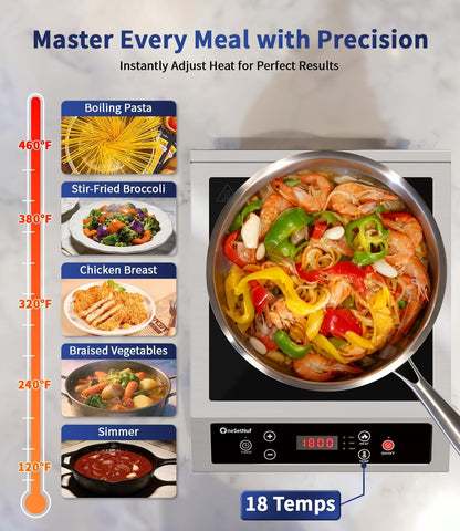 Stainless Steel Induction Cooktop, Professional-Grade Induction Cooker with Precise Temperature Control,Portable Countertop Burner with UL Certified, 10 Hours Timer Powerful 1800W Hot Plate
