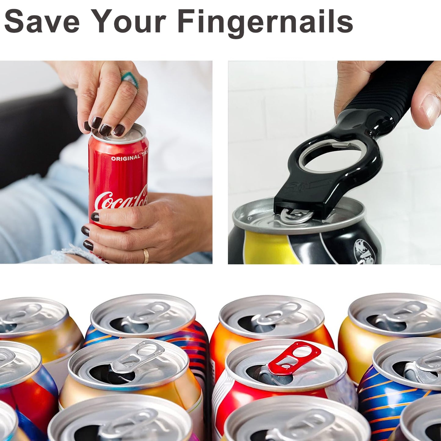 DUNLAGUE 2-Pack Soda Can Opener and Beer Bottle Opener Bartender with Good Grip Silicone Handle, Pop Top Can Tab Opener for Long Nails, Bottle Opener for Arthritic Hand and Seniors, Black