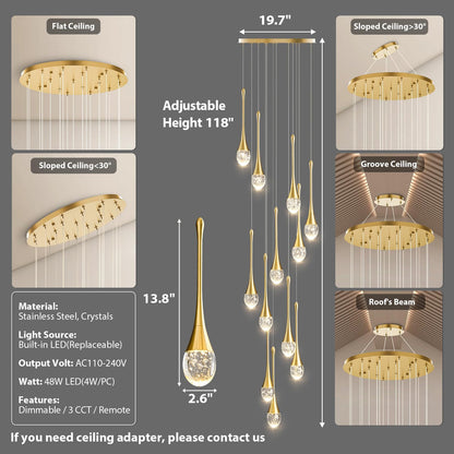 Raindrop Crystal Chandelier High Ceiling: 12 Lights Remote Dimmable LED - Large Long Modern Bubble Hanging Pendant Light Fixture Teardrop Spiral Chandeliers for Living Room Staircase Entryway Foyer