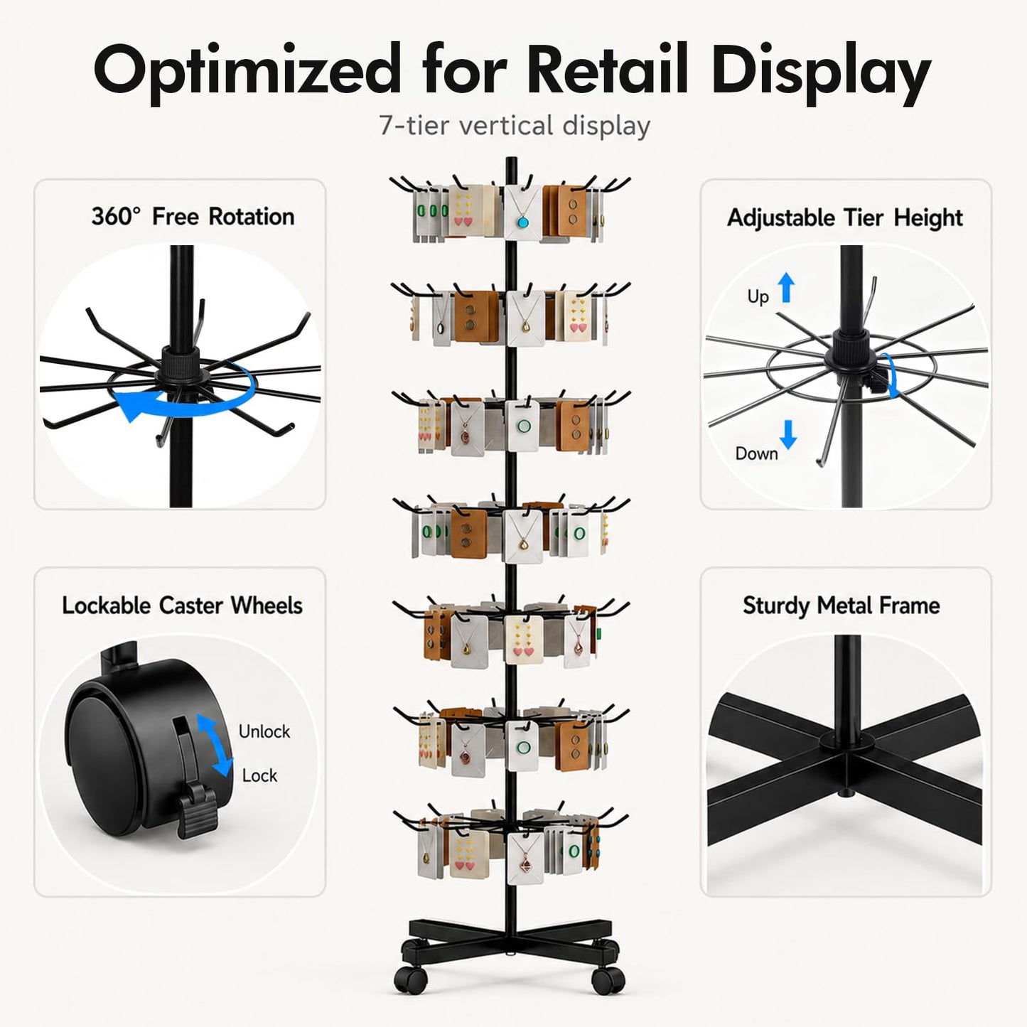 Homelio 7-Tier Heavy Duty Rotating Display Rack with Wheels, Metal Floor Spinner Stand for Retail Store, Adjustable Keychain & Jewelry Display Shelves for Craft Fair & Showroom