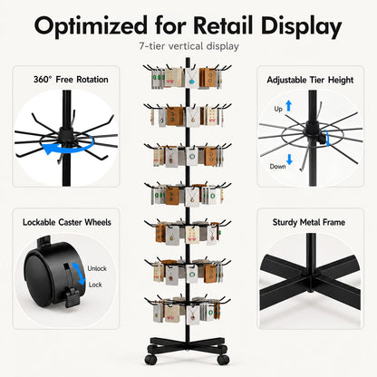 Homelio 7-Tier Heavy Duty Rotating Display Rack with Wheels, Metal Floor Spinner Stand for Retail Store, Adjustable Keychain & Jewelry Display Shelves for Craft Fair & Showroom