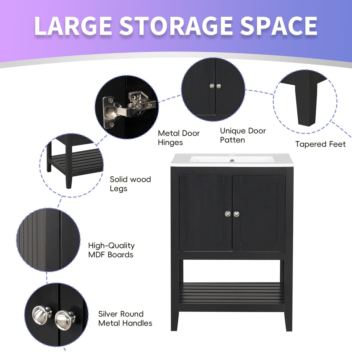 24" Bathroom Vanity with Ceramic Sink Top Set, Cabinet with Adjustable Shelf and Open Storage Space, Soft-Closing Door, Solid Wood Frame, Black