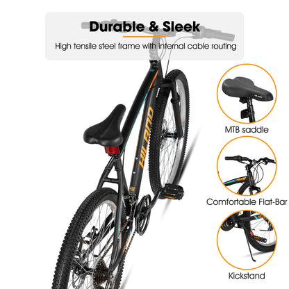 HH HILAND Mens and Womens Mountain Bike, 26 Inch 18 Speed Mountain Bicycle with Dual Disc Brake, Front Suspension Fork, High Carbon Steel Frame Urban Commuter Bike for Adults, Black Orange