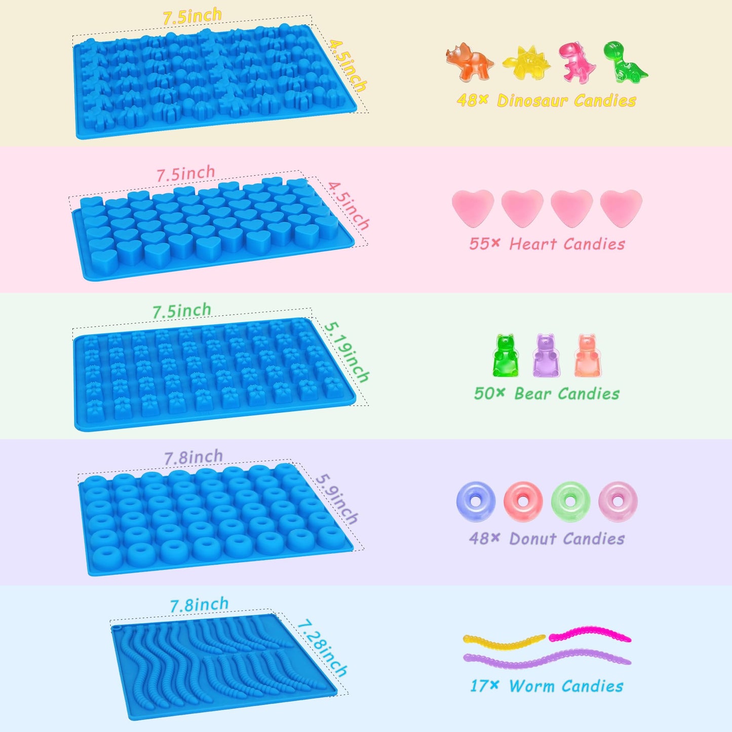 Sidosir 7Pcs Silicone Gummy Bear Molds, Non-Stick Worm Chocolate Mold for Parties, Gummy Heart for Home DIY, Silicone Dinasur Mold for Make Gummies
