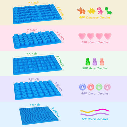 Sidosir 7Pcs Silicone Gummy Bear Molds, Non-Stick Worm Chocolate Mold for Parties, Gummy Heart for Home DIY, Silicone Dinasur Mold for Make Gummies