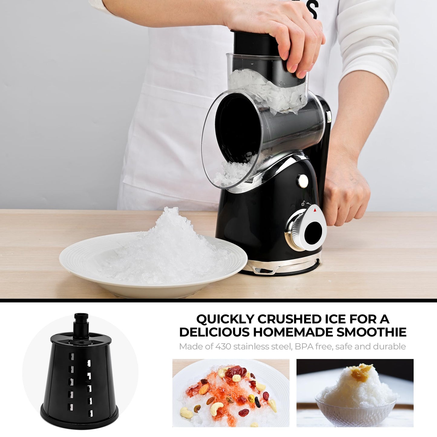 SUSTEAS Rotary Cheese Grater with Handle,Vegetable Slicer with 6 Interchangeable Blades, Reinforced Suction,Easy to Clean,Kitchen Shredder for Crushed Ice,Fruits and Nuts with Blade Storage Case,Black