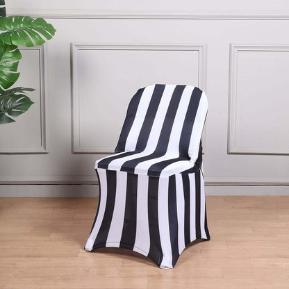 2" 160GSM Efavormart Black & White Striped Spandex Stretch Fitted Folding Chair Cover with Foot Pockets - Premium