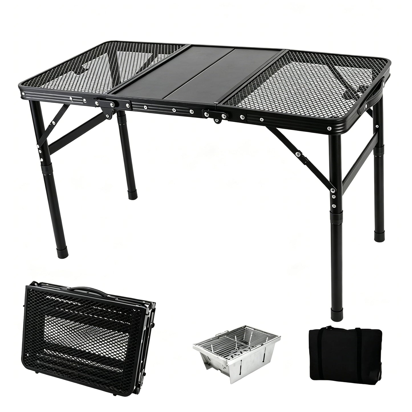 Portable Folding Aluminum Camping Table — IGT-Compatible Modular Camp Kitchen Table, Carbon Steel Mesh Top with Tactical Hooks & Carry Bag, for Camping Picnic Tailgating BBQ Outdoor Cooking