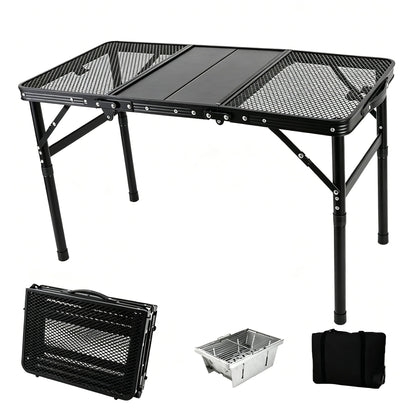 Portable Folding Aluminum Camping Table — IGT-Compatible Modular Camp Kitchen Table, Carbon Steel Mesh Top with Tactical Hooks & Carry Bag, for Camping Picnic Tailgating BBQ Outdoor Cooking