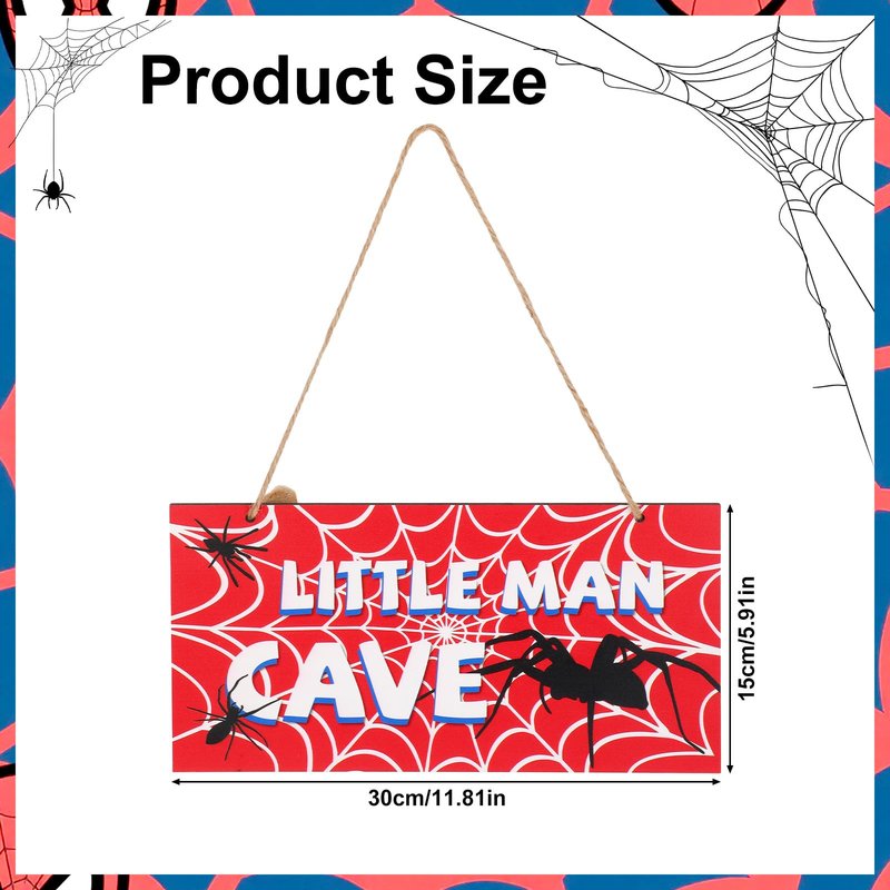 Spider Door Sign, 12x6in Red Wooden Spider Web Nursery Room Decor Little Man Cave Signs with Rope Wall Art Room Decoration for Boys Men