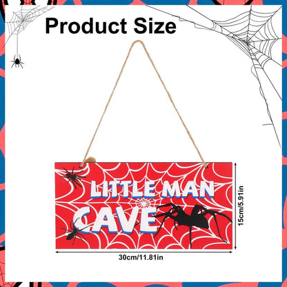 Spider Door Sign, 12x6in Red Wooden Spider Web Nursery Room Decor Little Man Cave Signs with Rope Wall Art Room Decoration for Boys Men